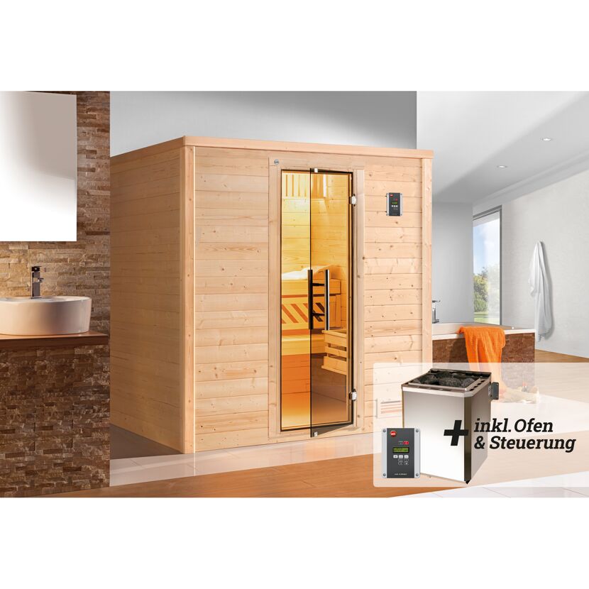 Sauna aus Holz mit Ofen und Steuerung