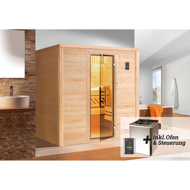 Bild von Premium-Massivholzsauna 'Bergen 1' mit 7,5 kW BioS-Ofenset, Steuerung, Glastür 188 x 138 x 205 cm