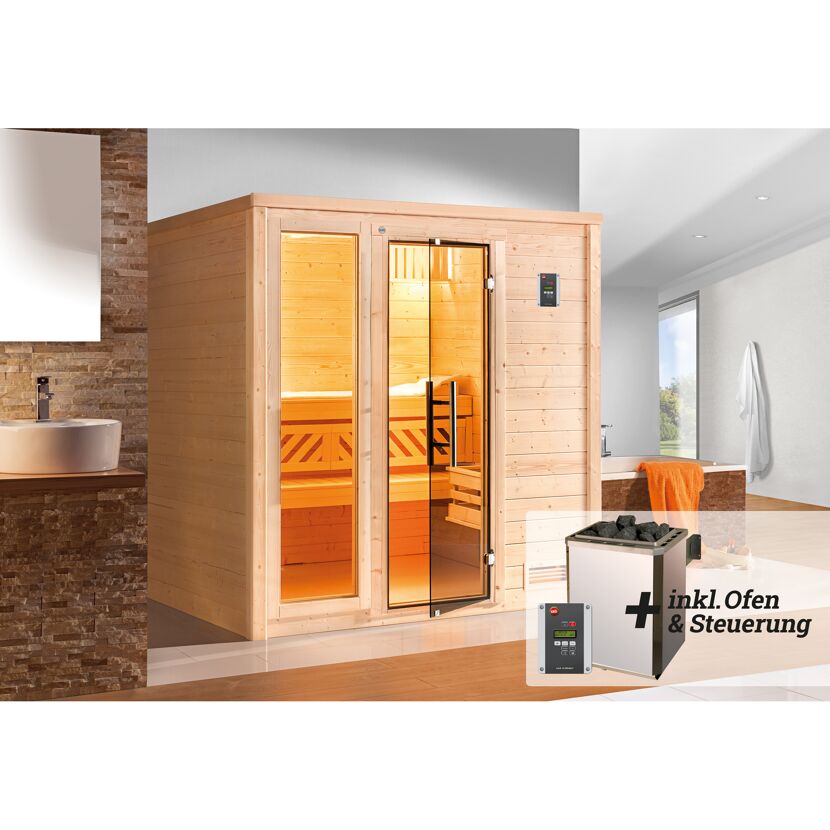 Sauna aus hellem Holz mit Ofen und Steuerung