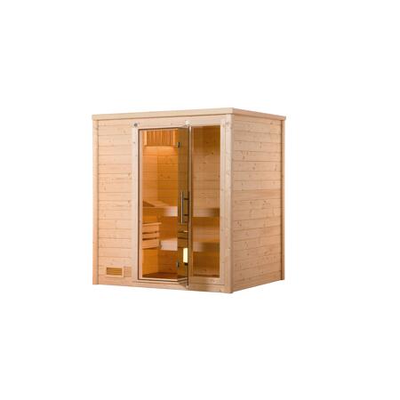 3. Bild von Premium-Massivholzsauna 'Bergen 1' mit 7,5 kW BioS-Ofenset, Steuerung, Glastür, Fenster 188 x 138 x 205 cm