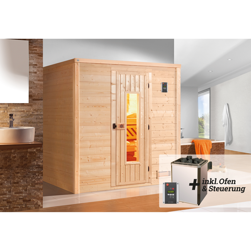 Sauna aus hellem Holz mit Saunaofen und Steuerung