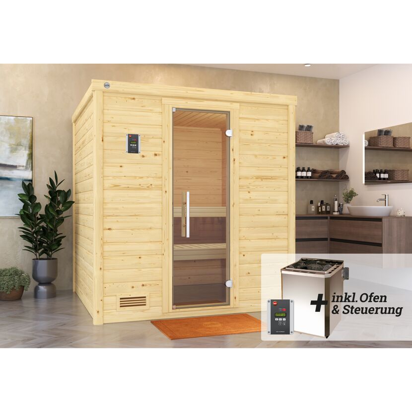 Sauna aus hellem Holz mit Ofen und Steuerung