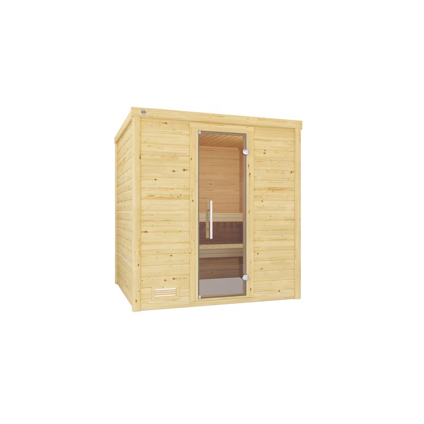 Weka Sauna "Bergen" aus Holz mit offener Tür.