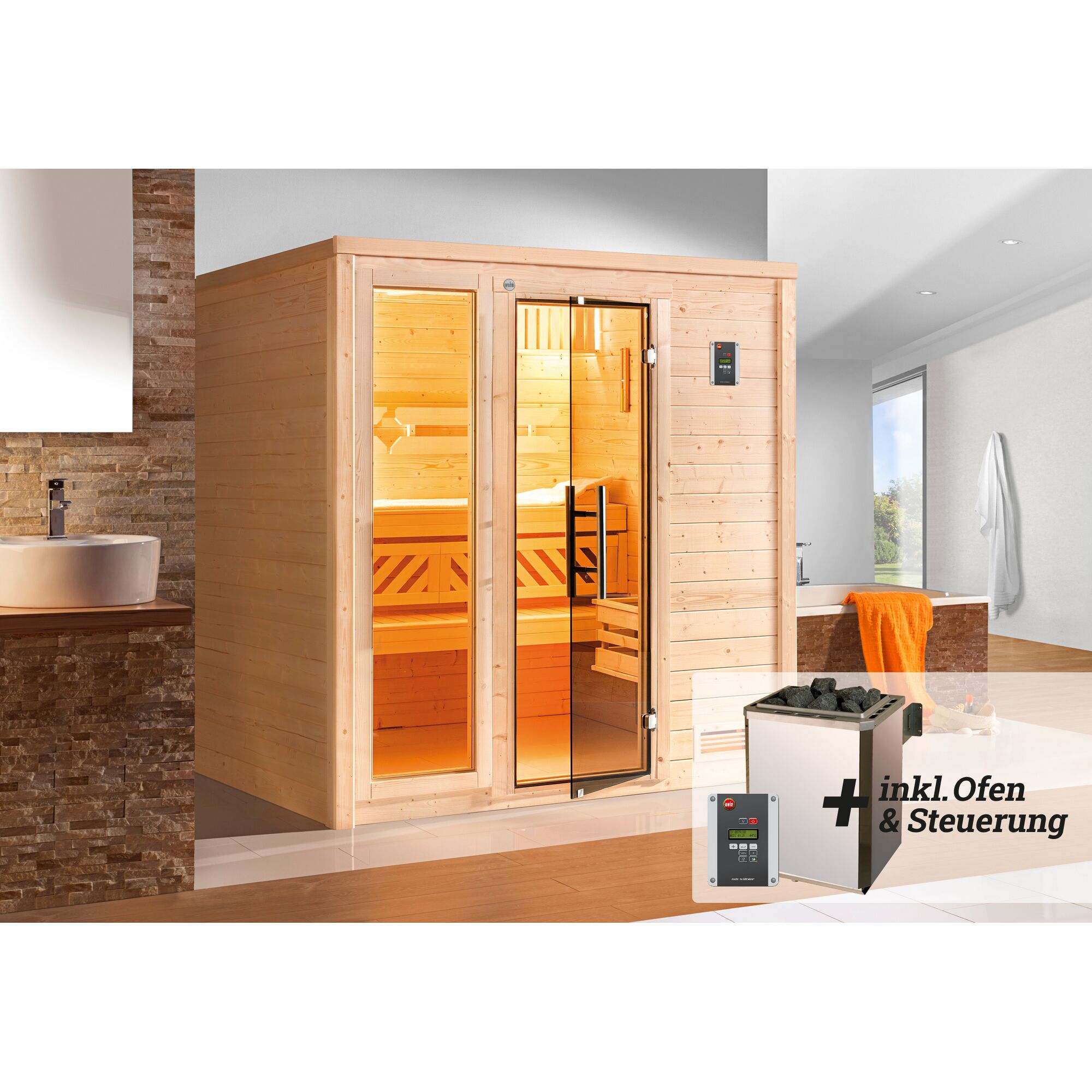 Sauna aus hellem Holz mit Saunaofen
