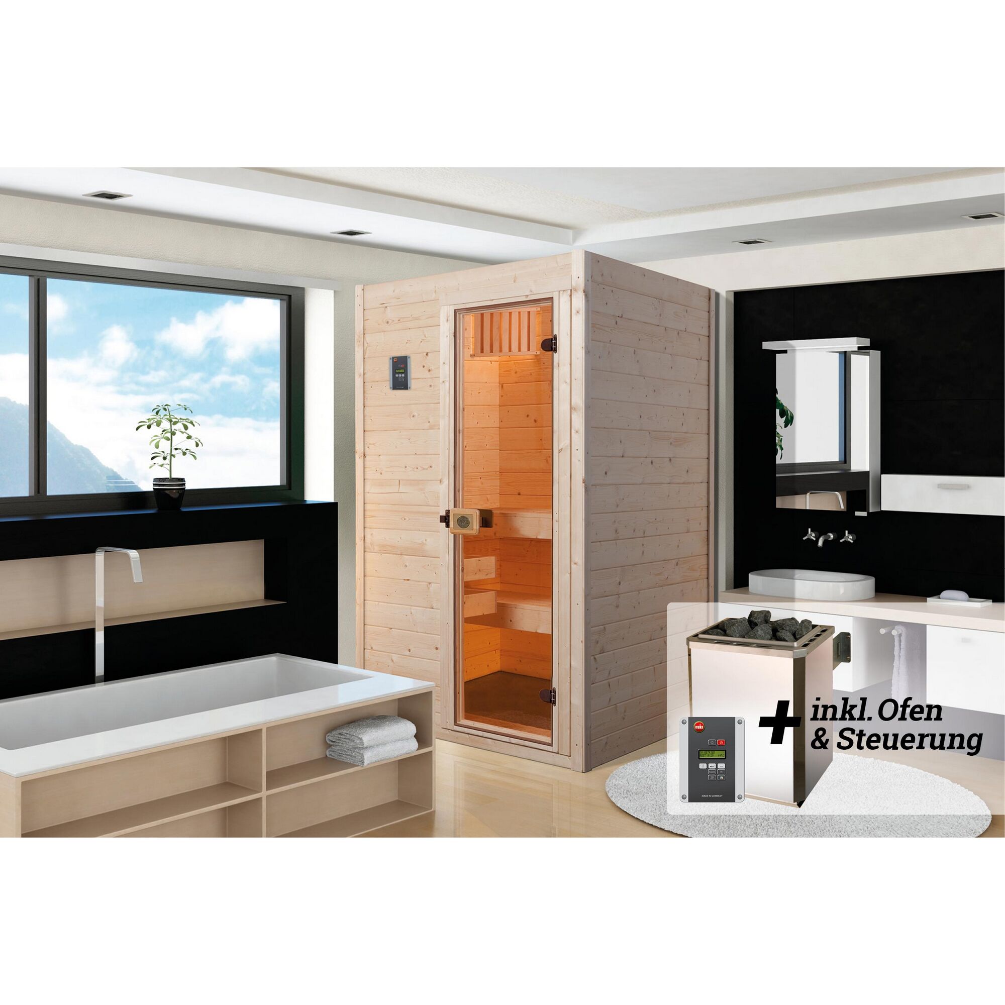 Sauna aus hellem Holz in einem Badezimmer