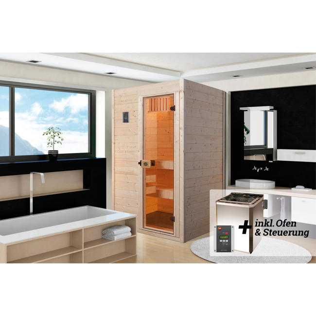 Bild von Massivholz-Sauna 'Valida 1' mit 4,5 kW BioS-Ofenset, Steuerung, Glastür 137 x 137 x 203,5 cm