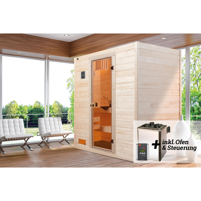 Bild von Massivholz-Sauna 'Valida 2' mit 4,5 kW OS-Ofenset, Steuerung, Glastür 187 x 137 x 203,5 cm