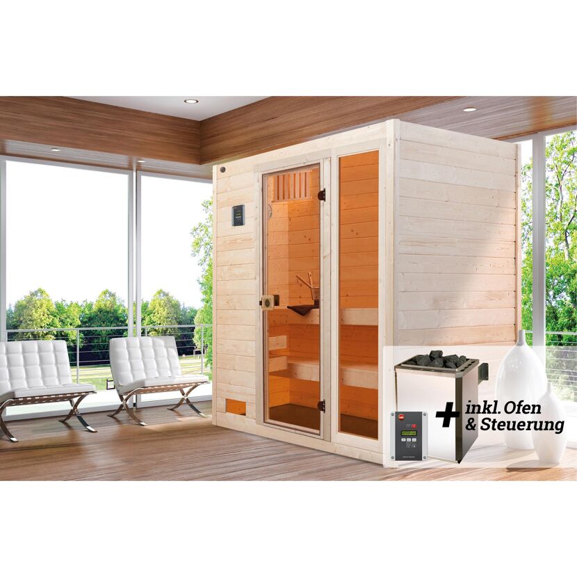 Sauna aus hellem Holz mit Saunaofen