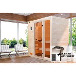 Massivholz-Sauna 'Valida 2' mit 7,5 kW BioS-Ofenset, Steuerung, Glastür, Fenster 187 x 137 x 203,5 cm