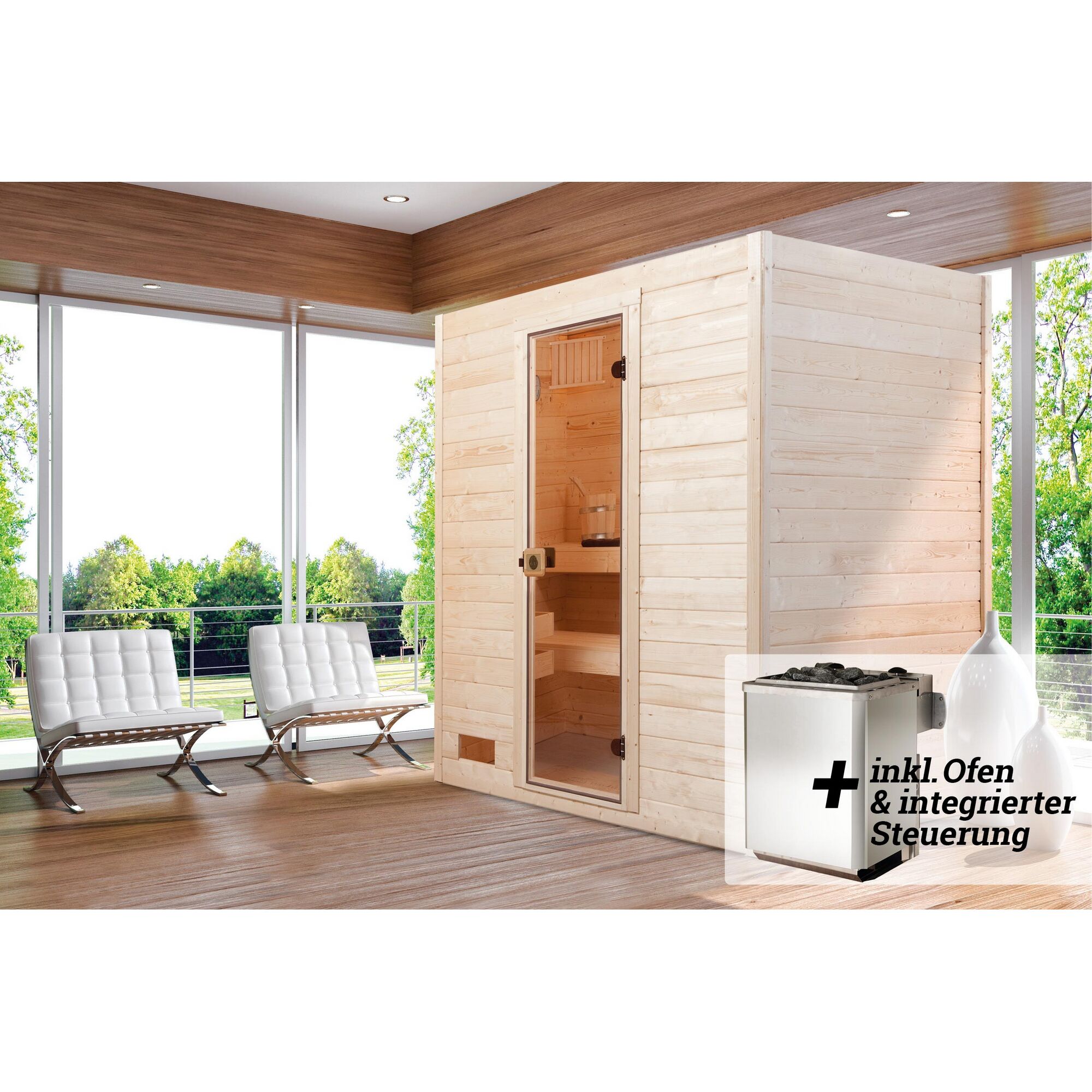 Sauna aus hellem Holz mit Saunaofen