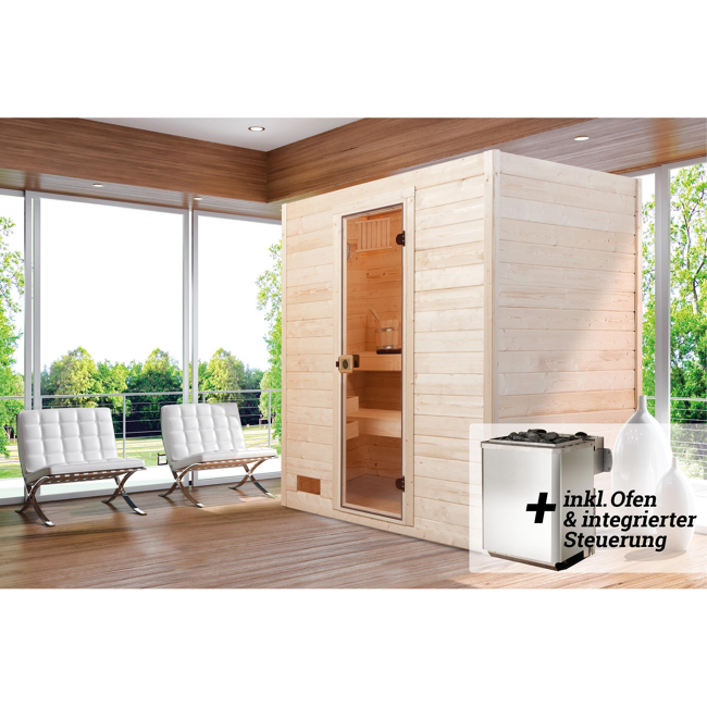 Bild von Massivholz-Sauna 'Valida 3' mit 9 kW K-Ofenset, integrierter Steuerung, Glastür 187 x 187 x 203,5 cm