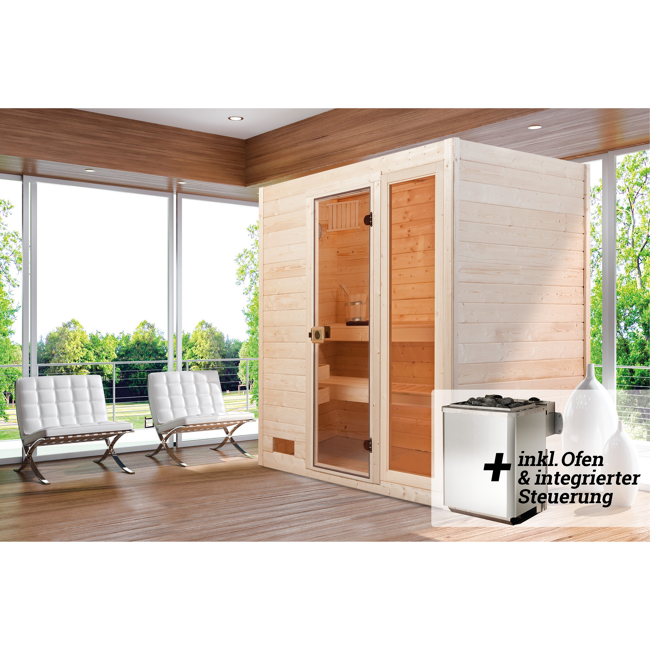 Bild von Massivholz-Sauna 'Valida 3' mit 9 kW K-Ofenset, integrierter Steuerung, Glastür, Fenster 187 x 187 x 203,5 cm