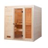 Sauna aus hellem Holz mit Glastür