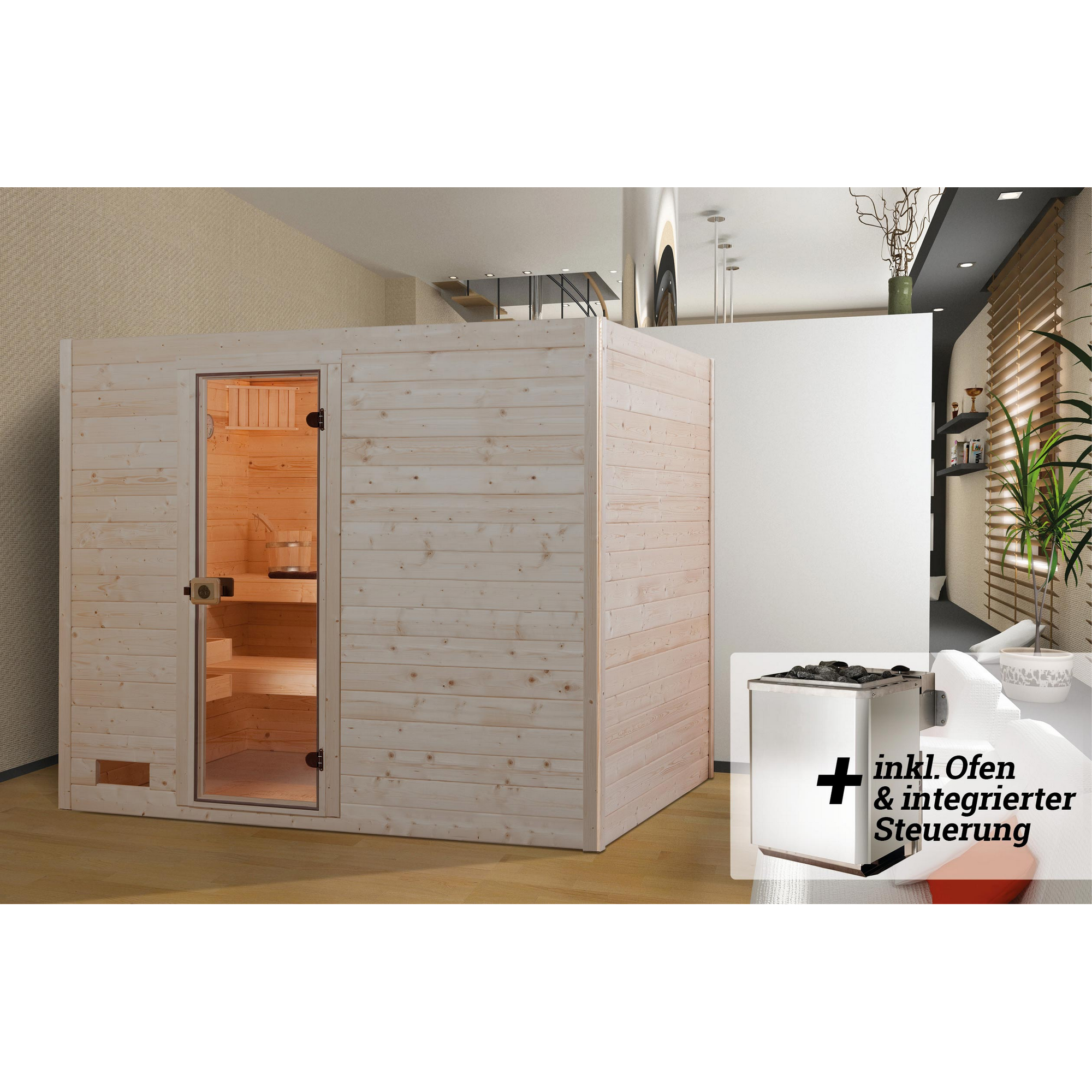 Massivholz-Sauna 'Valida 4' mit 9 kW K-Ofenset, integrierter Steuerung, Glastür 237 x 187 x 203,5 cm + product picture