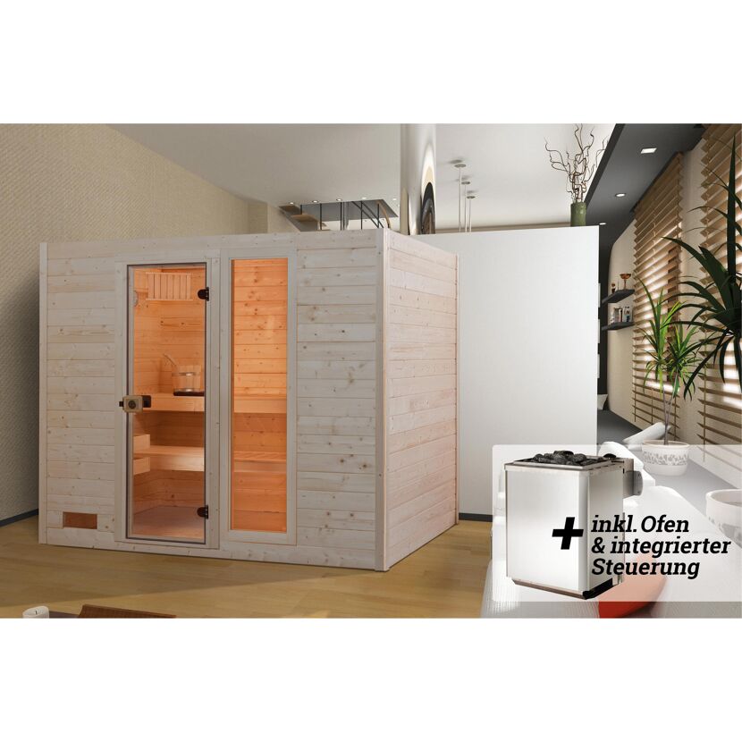 Sauna aus hellem Holz mit Saunaofen