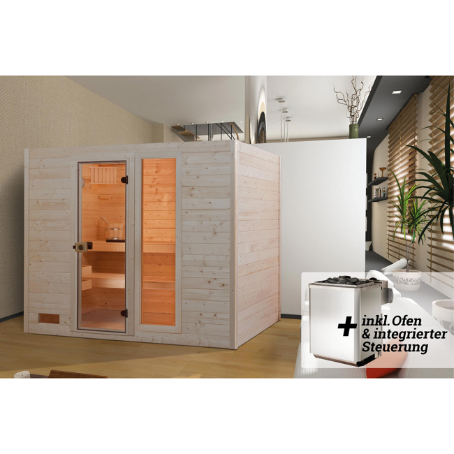 Bild von Massivholz-Sauna 'Valida 4' mit 9 kW K-Ofenset, integrierter Steuerung, Glastür, Fenster 237 x 187 x 203,5 cm