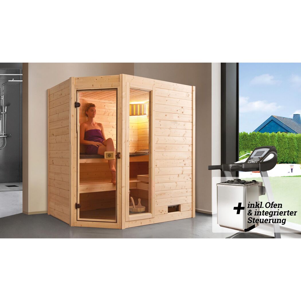 Person entspannt in einer Sauna aus hellem Holz.