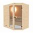 Ecksauna aus hellem Holz mit Glastür.