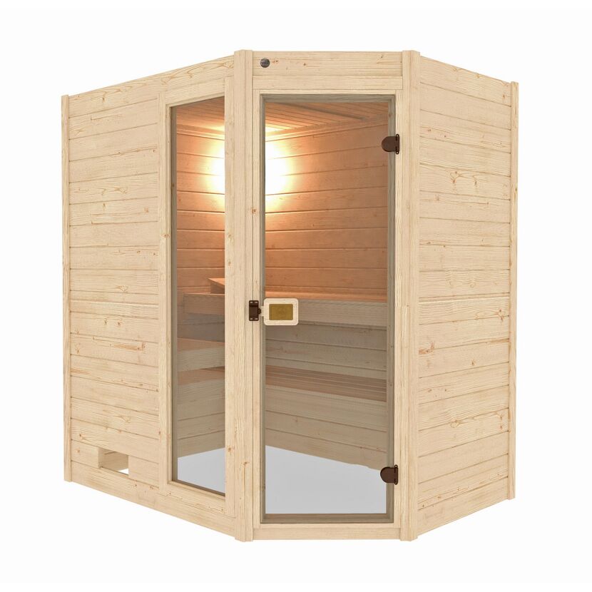 Ecksauna aus hellem Holz mit Glastür.