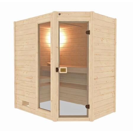 3. Bild von Massivholz-Sauna 'Valida 1 Eck' mit 5,4 kW K-Ofenset, integrierter Steuerung, Glastür, Fenster 187 x 137 x 203,5 cm