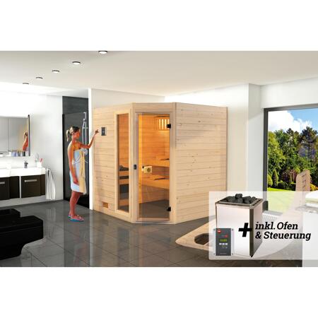 2. Bild von Massivholz-Sauna 'Valida 2 Eck' mit 7,5 kW OS-Ofenset, Steuerung, Glastür, Fenster 187 x 170 x 203,5 cm