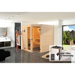 Massivholz-Sauna 'Valida 2 Eck' mit 7,5 kW OS-Ofenset, Steuerung, Glastür, Fenster 187 x 170 x 203,5 cm
