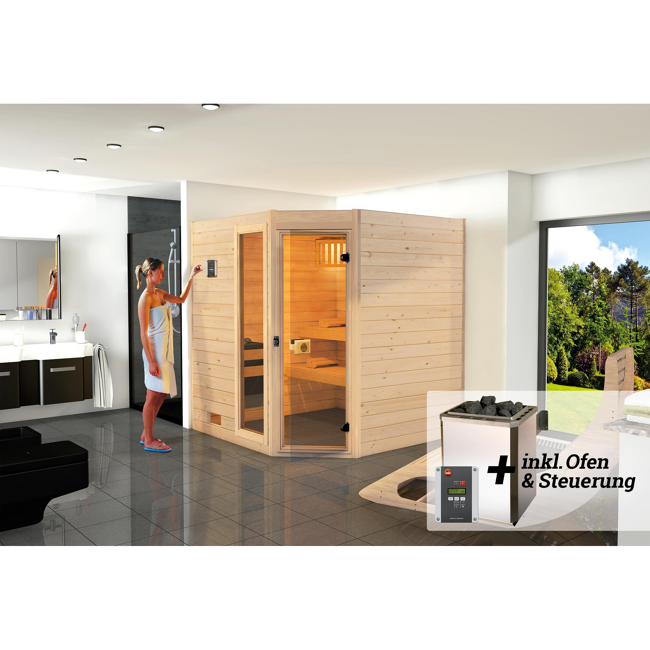 Bild von Massivholz-Sauna 'Valida 2 Eck' mit 7,5 kW OS-Ofenset, Steuerung, Glastür, Fenster 187 x 170 x 203,5 cm