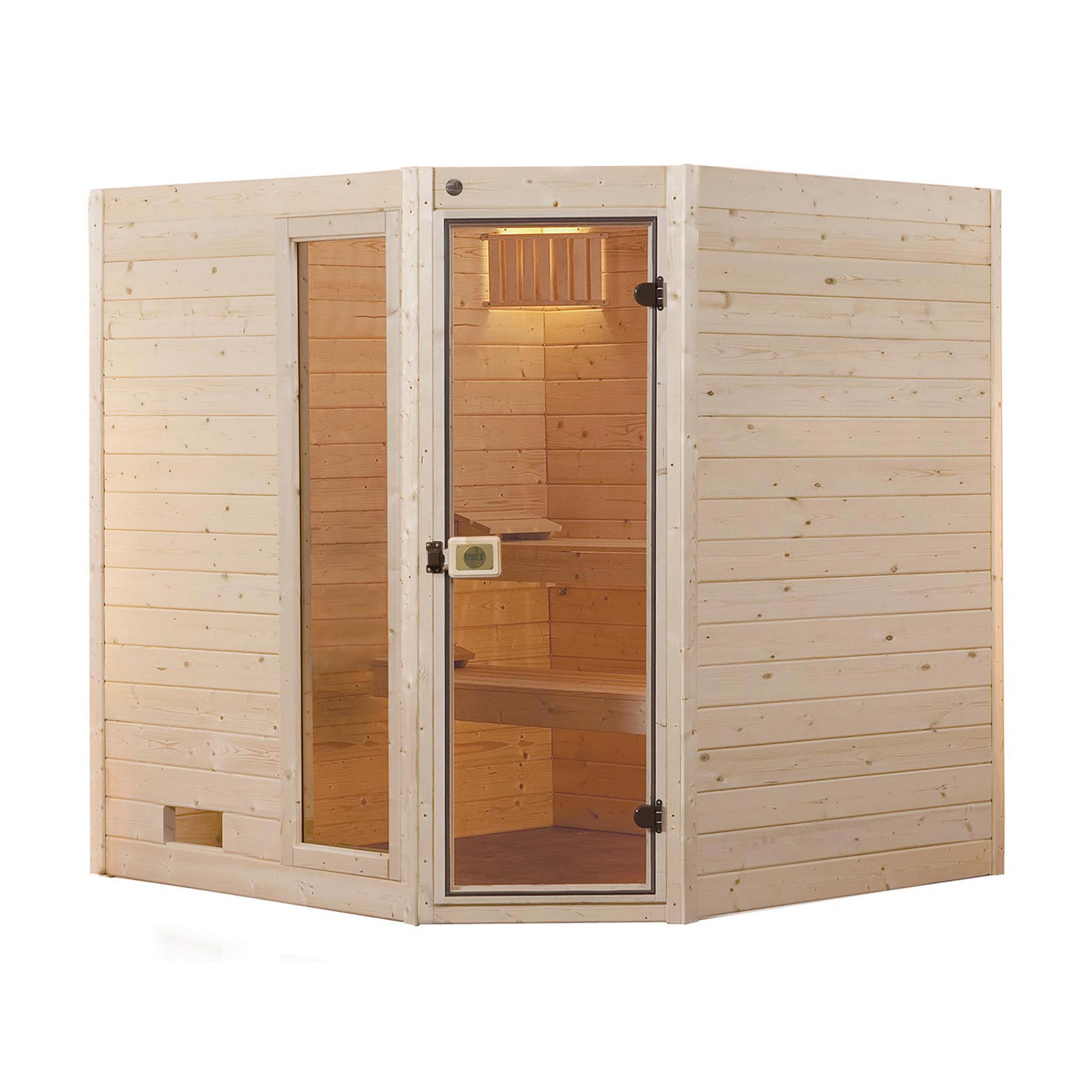 Massivholz-Sauna 'Valida 2 Eck' mit 7,5 kW OS-Ofenset, Steuerung, Glastür, Fenster 187 x 170 x 203,5 cm + product picture