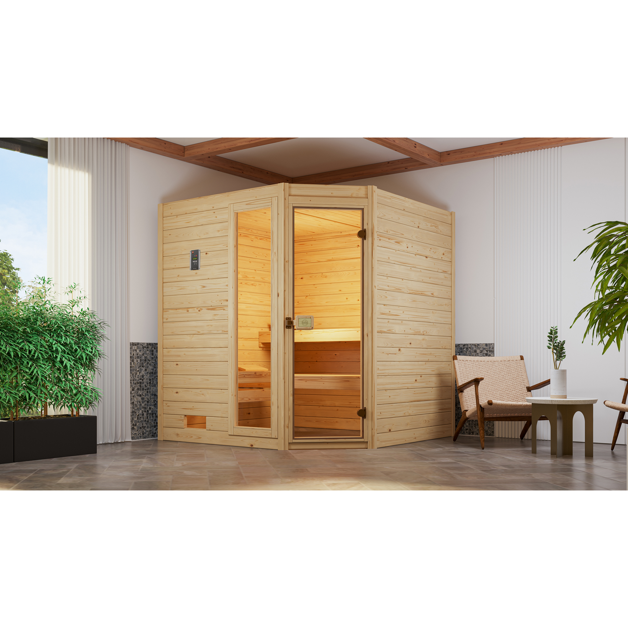 Massivholz-Sauna 'Valida 2 Eck' mit 7,5 kW BioS-Ofenset, Steuerung, Glastür, Fenster 187 x 170 x 203,5 cm + product picture