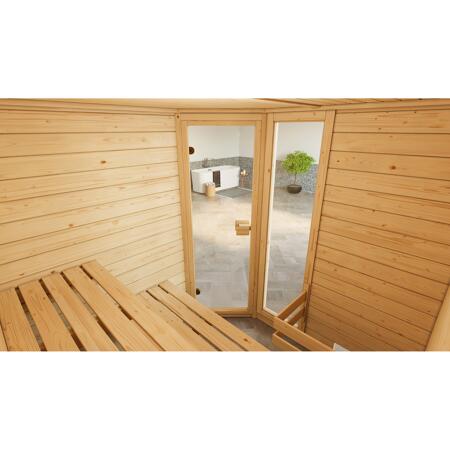 4. Bild von Massivholz-Sauna 'Valida 2 Eck' mit 7,5 kW BioS-Ofenset, Steuerung, Glastür, Fenster 187 x 170 x 203,5 cm