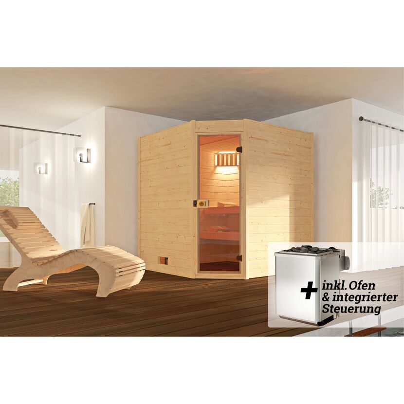 Ecksauna aus hellem Holz mit Saunaofen