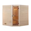 Ecksauna aus hellem Holz mit Glastür.