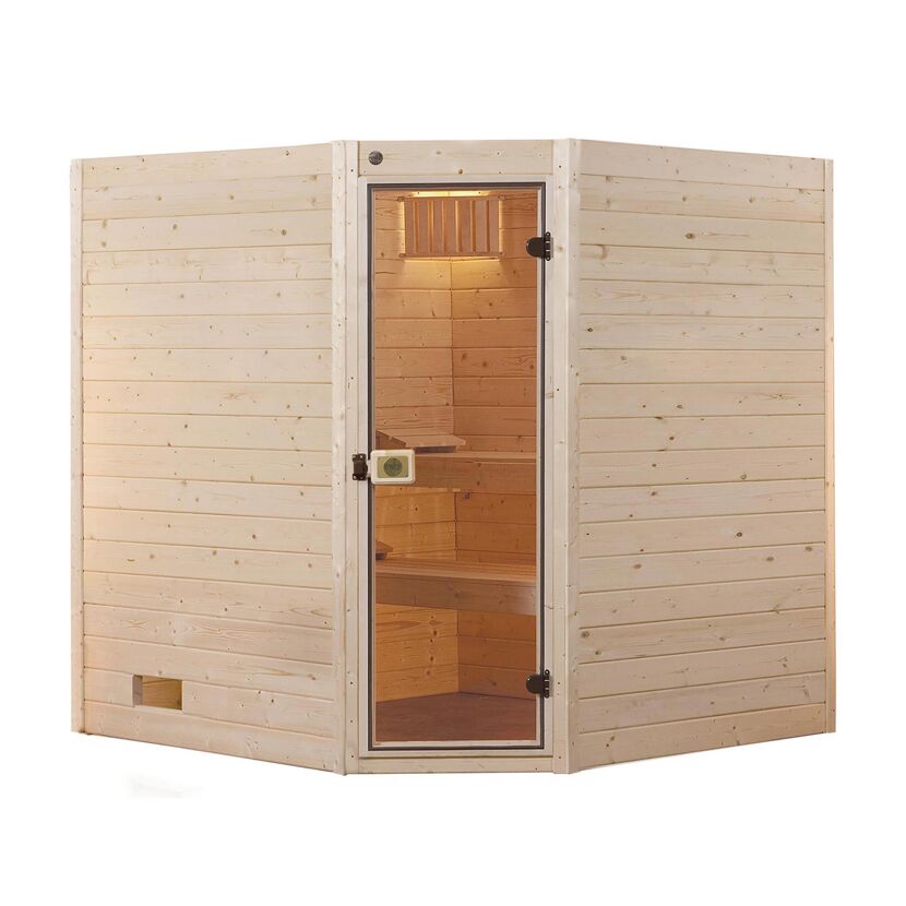 Ecksauna aus hellem Holz mit Glastür.