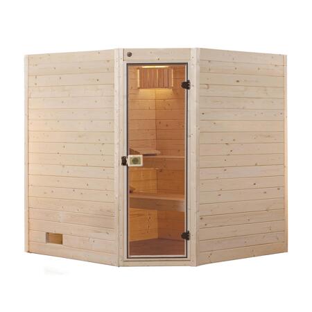 3. Bild von Massivholz-Sauna 'Valida 3 Eck' mit 9 kW K-Ofenset, integrierter Steuerung, Glastür 187 x 187 x 203,5 cm
