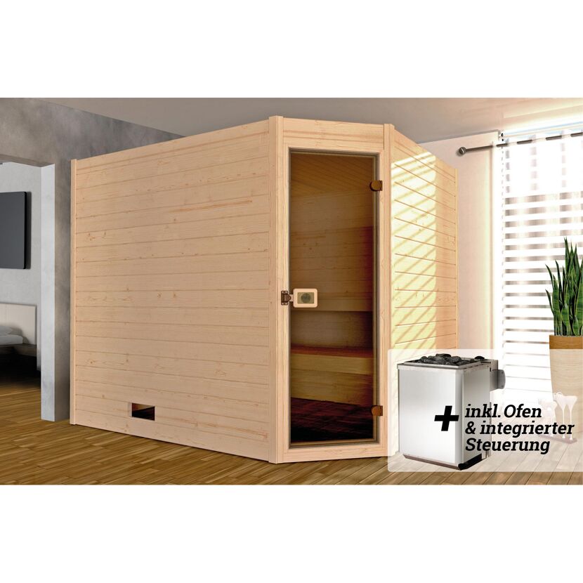 Ecksauna aus hellem Holz mit Saunaofen