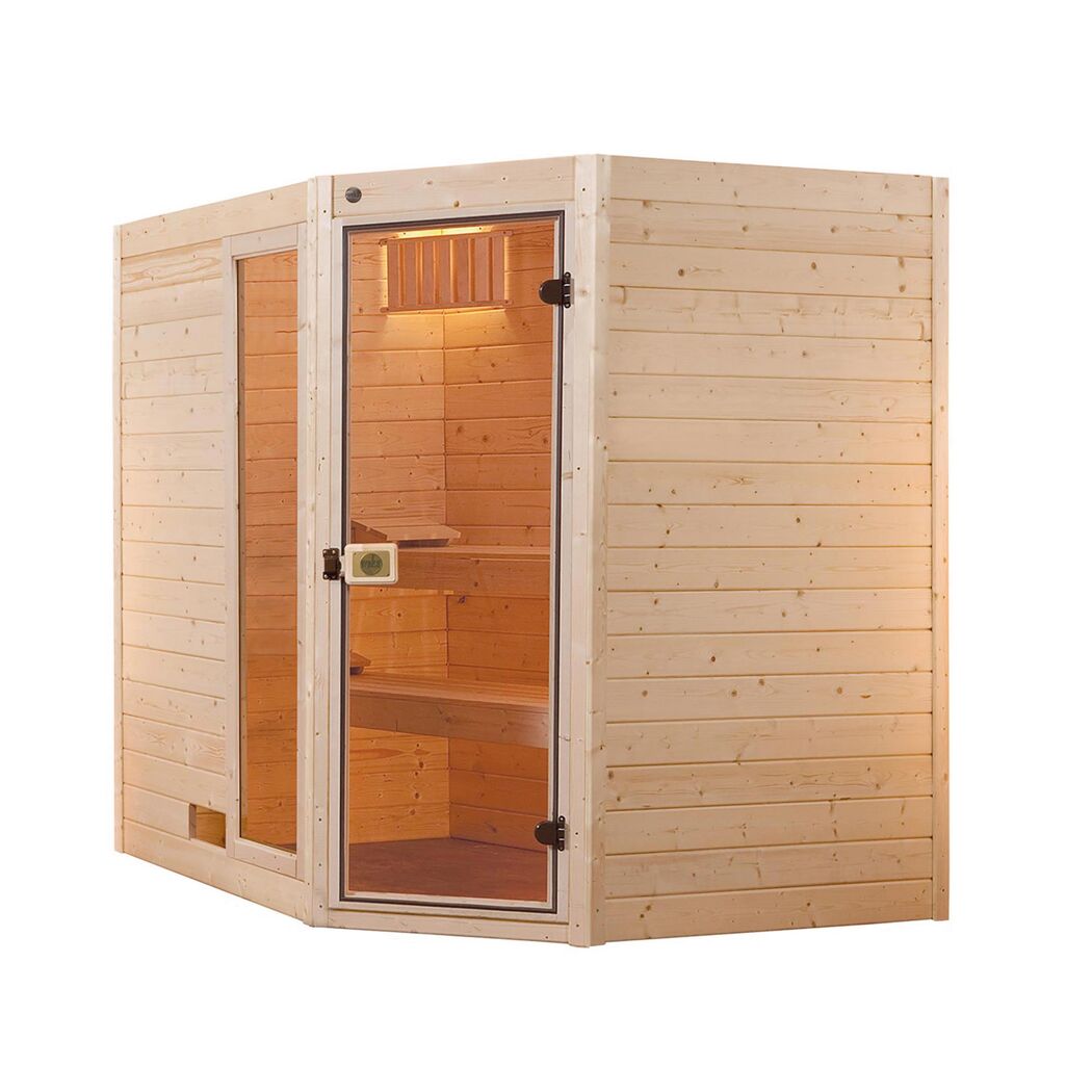 Sauna aus hellem Holz mit Glastür