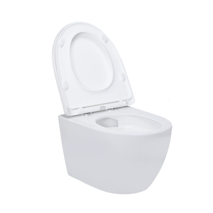 Hängendes WC, weiß, mit offenem Deckel.