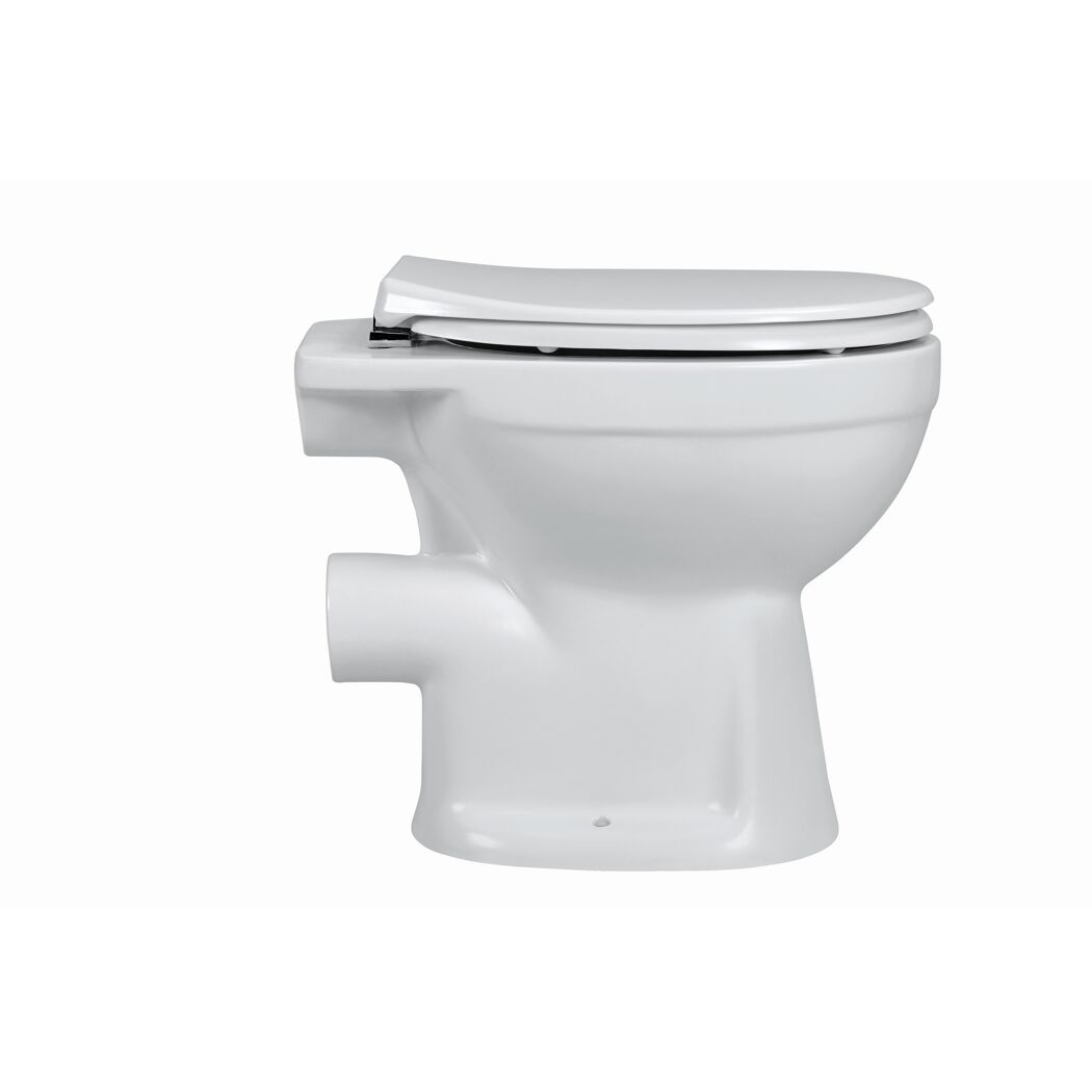 Weißes Stand-WC mit geschlossenem Deckel.