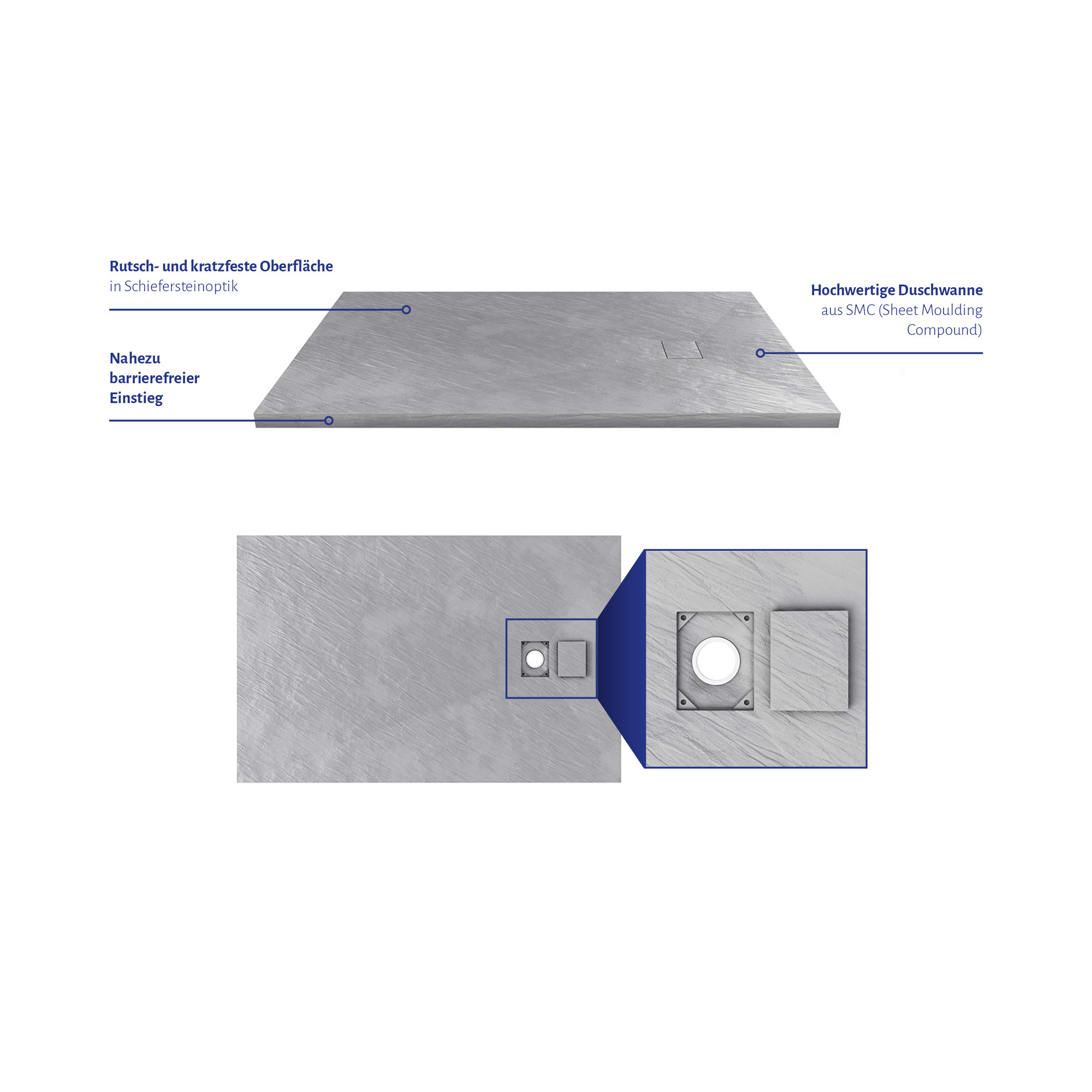 Duschwanne 'Stone' grau 90 x 140 x 2,6 cm