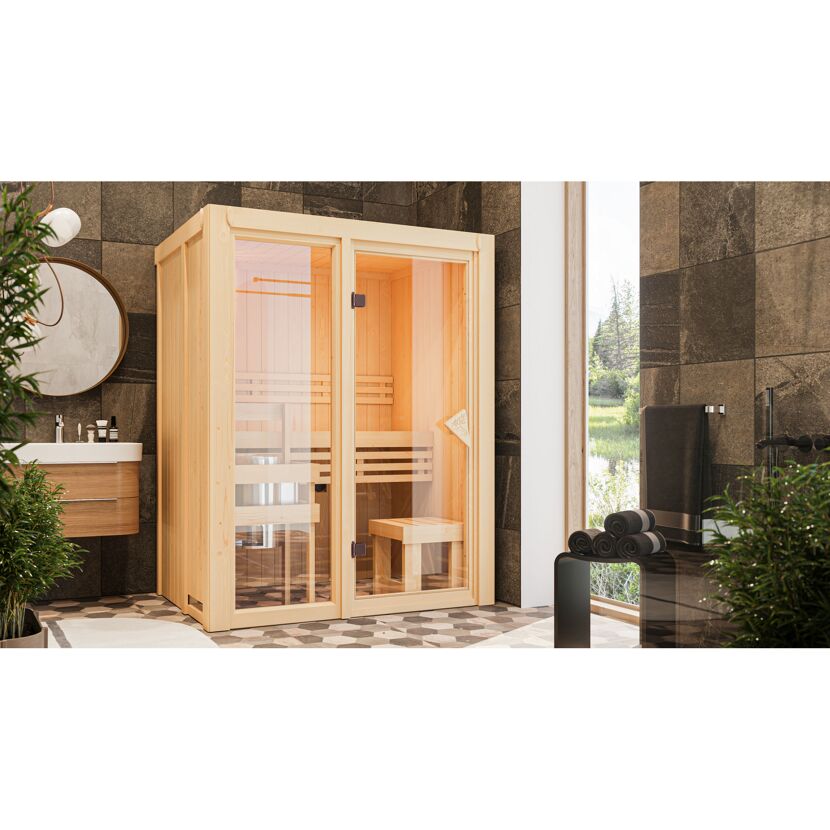 Sauna aus hellem Holz mit Glastür