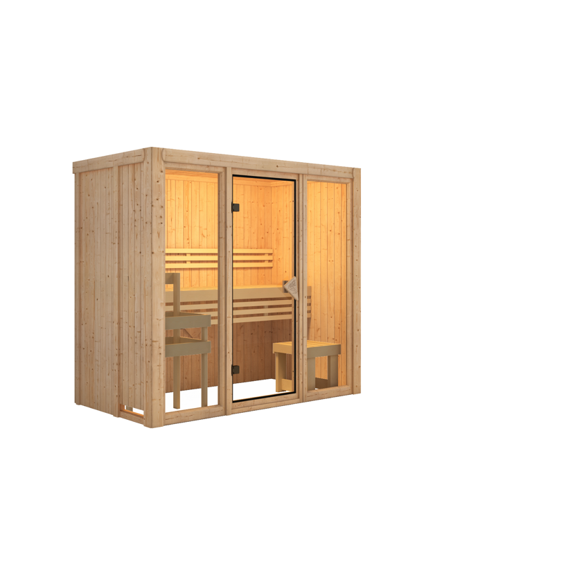 Sauna Solara 2 aus Holz mit offener Tür und Beleuchtung im Innenraum.