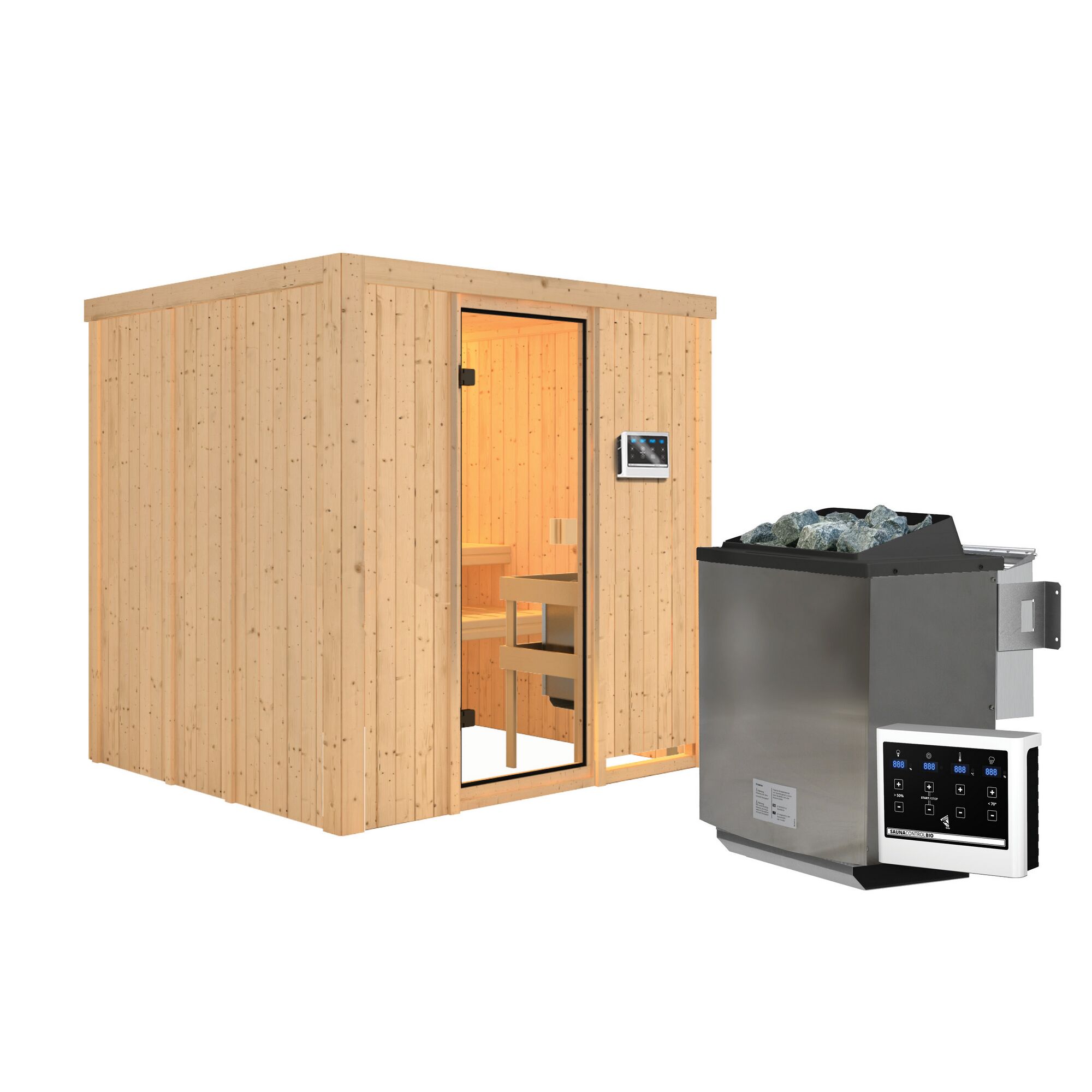 Sauna aus hellem Holz mit Saunaofen