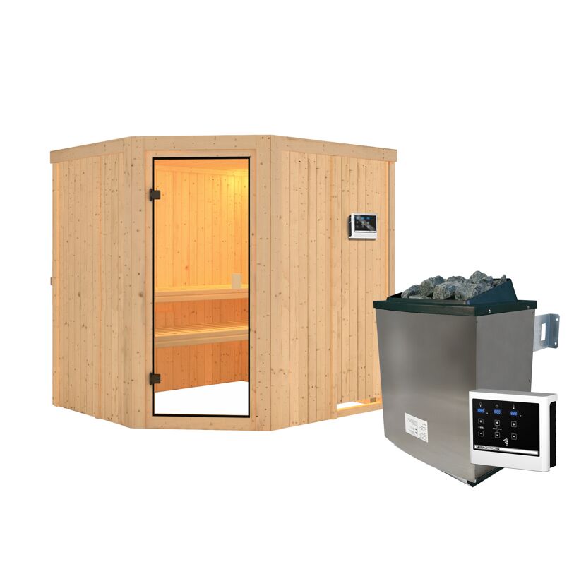 Außenansicht einer Sauna aus hellem Holz mit Saunaofen.