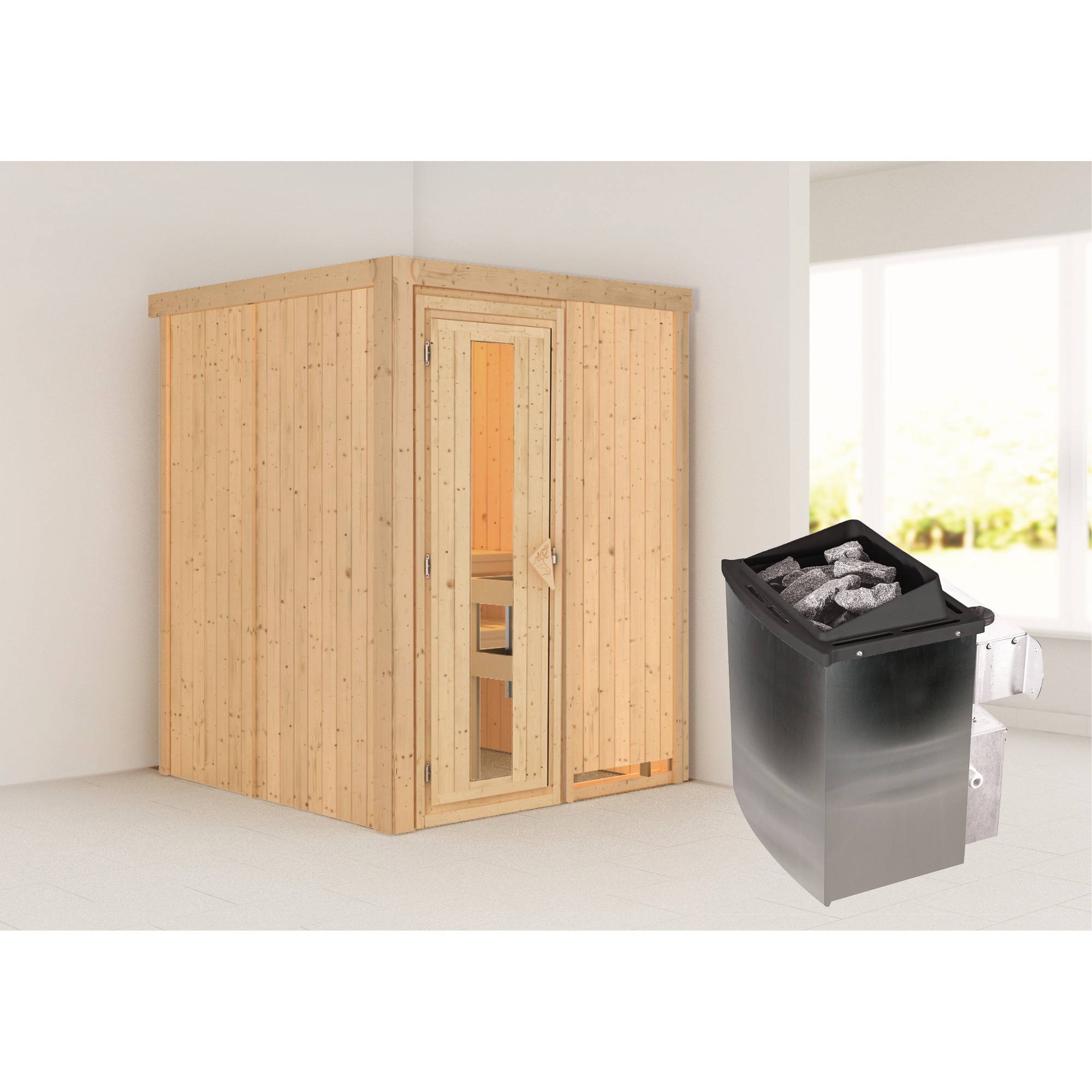 Elementsauna 'Abril' naturbelassen mit Energiespartür 9 kW Ofen integrierte Steuerung 151 x 151 x 198 cm