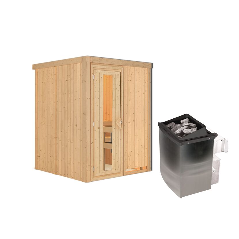 Sauna aus hellem Holz mit Saunaofen