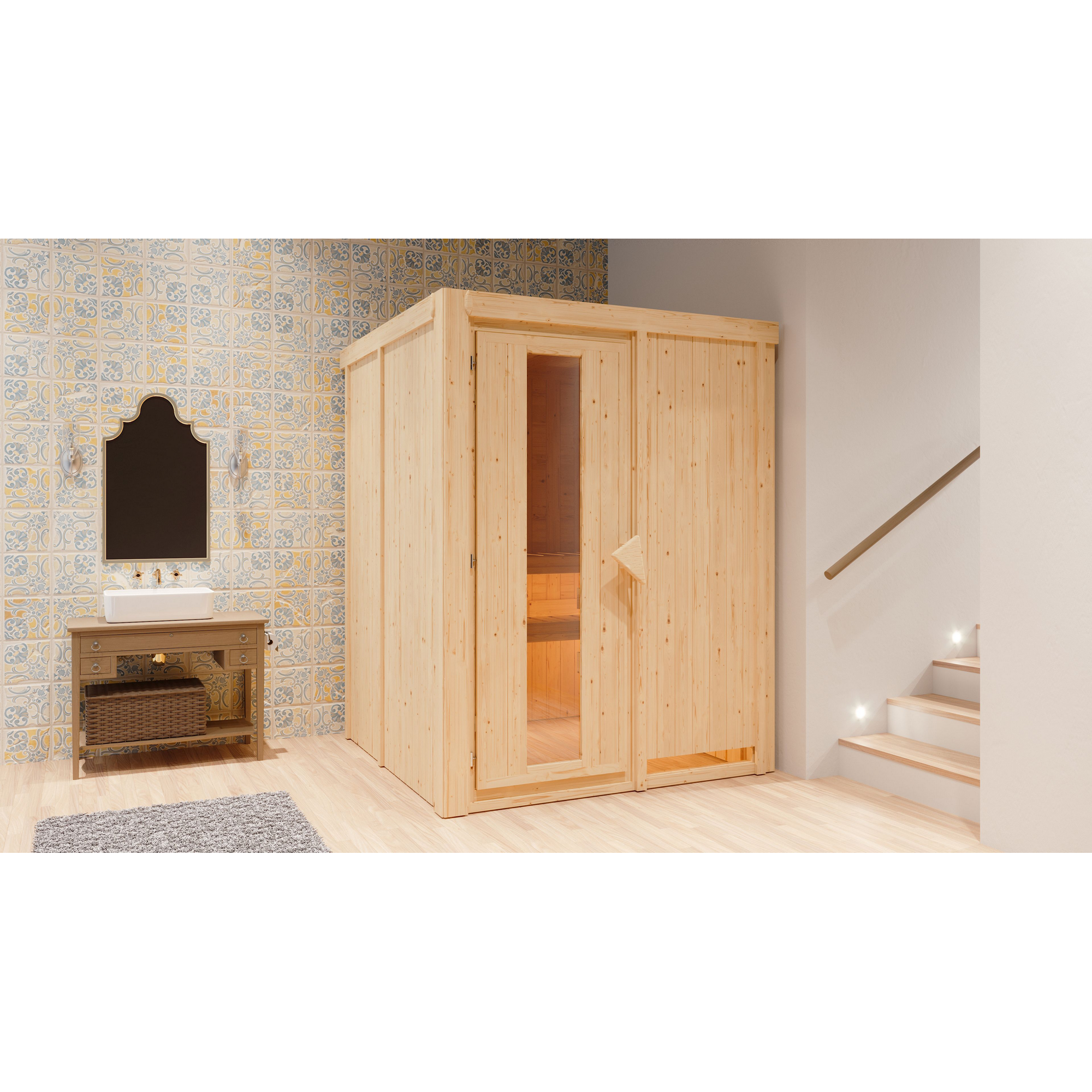 Elementsauna 'Abril' naturbelassen mit Energiespartür 9 kW Bio-Ofen externe Steuerung Easy 151 x 151 x 198 cm