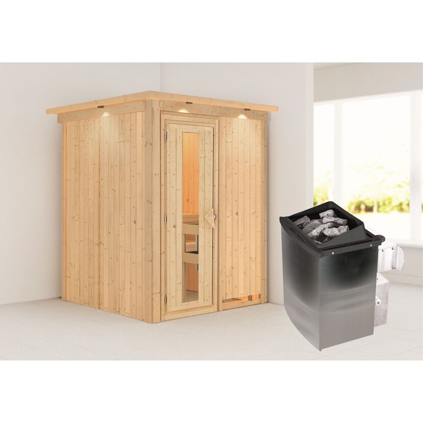 Elementsauna 'Abril' naturbelassen mit Energiespartür und Kranz 9 kW Ofen integrierte Steuerung 165 x 165 x 202 cm