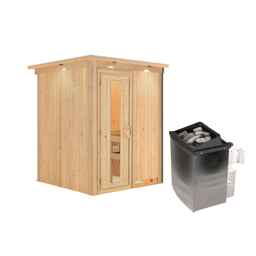 Elementsauna 'Abril' naturbelassen mit Energiespartür und Kranz 9 kW Ofen integrierte Steuerung 165 x 165 x 202 cm