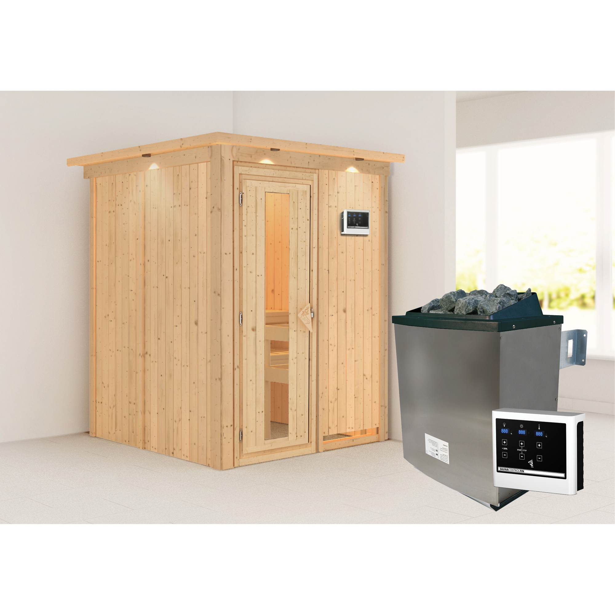 Sauna aus hellem Holz mit Saunaofen