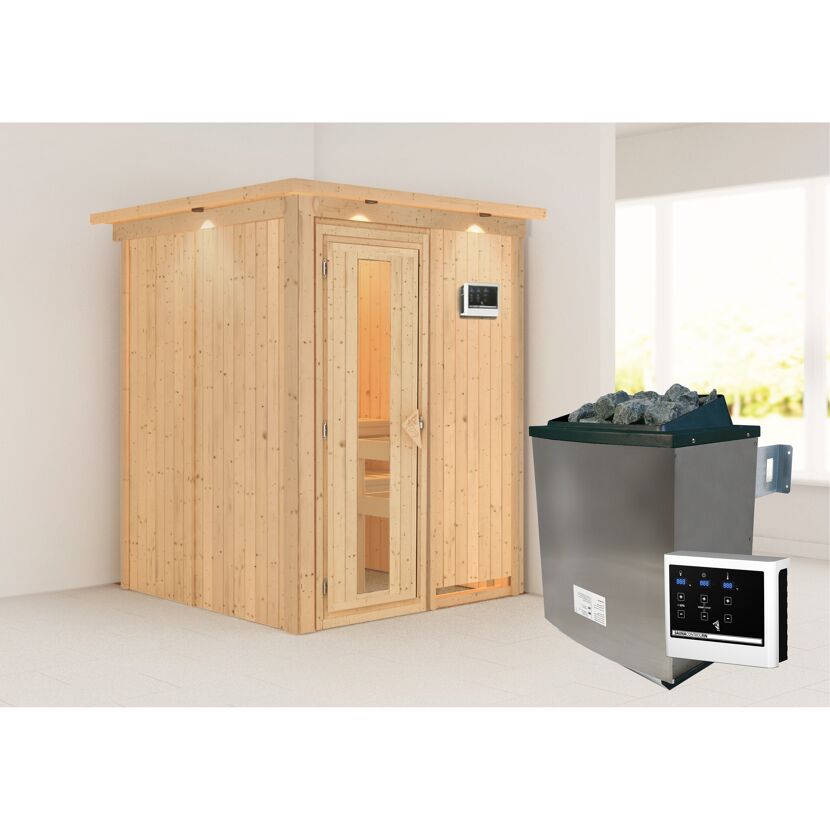 Sauna aus hellem Holz mit Saunaofen